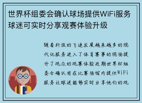 世界杯组委会确认球场提供WiFi服务球迷可实时分享观赛体验升级